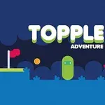 Illustration med texten Topple Adventure ovanför en enkel spelmiljö inklusive en röd flagga, ett mynt, en grön karaktär och en figur i liten röd bil