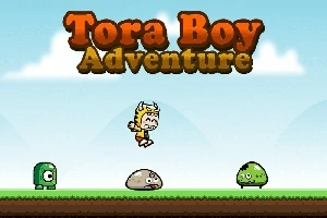 Tecknad figur i tigerdräkt hoppar över tre olika monster under titeln Tora Boy Adventure i en pixelkonststil