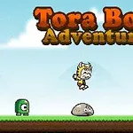 Tecknad figur i tigerdräkt hoppar över tre olika monster under titeln Tora Boy Adventure i en pixelkonststil