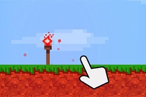 Pixelgrafik med en brinnande fackla på gräsmark och en pekande handikon
