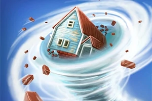 Ett blått hus med rött tak som virvlar runt i en tornado tillsammans med tegelstenar
