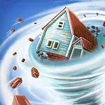 Ett blått hus med rött tak som virvlar runt i en tornado tillsammans med tegelstenar
