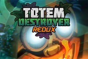 Tecknad illustration av ett tiki-inspirerat ansikte med glödande ögon och texten Totem Destroyer Redux ovanför