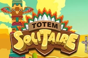 Tecknad bild med en färgglad totempåle och texten Totem Solitaire mot en bakgrund av en öken och gula moln