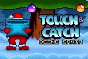 Jultomte i pixelstil håller en stor present under snöiga grenar med texten Touch & Catch Being Santa