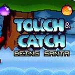 Jultomte i pixelstil håller en stor present under snöiga grenar med texten Touch & Catch Being Santa