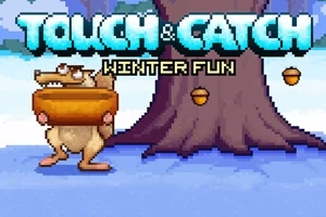 En tecknad ekorre står vid ett träd i snön med en stor ring runt magen och ekollon i luften, med texten Touch & Catch Winter Fun ovanför