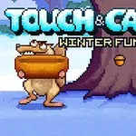 En tecknad ekorre står vid ett träd i snön med en stor ring runt magen och ekollon i luften, med texten Touch & Catch Winter Fun ovanför