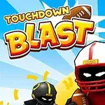 Två tecknade karaktärer i amerikansk fotbollsutrustning med en boll och texten TOUCHDOWN BLAST i färgglada bokstäver