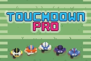 Fem amerikanska fotbollsspelare i olika färger är uppradade nedanför texten TOUCHDOWN PRO på en grön fotbollsplan i ett pixlat retrodesign