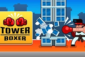 Tecknad boxare slår sönder ett höghus med röda handskar, bredvid en gul skylt med texten Tower Boxer
