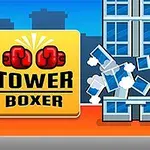 Tecknad boxare slår sönder ett höghus med röda handskar, bredvid en gul skylt med texten Tower Boxer