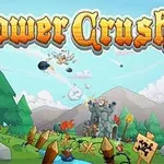En färgglad tecknad scen med två stenborgar, katapulter som skjuter, och texten Tower Crush i stora bokstäver