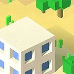 Isometrisk illustration av ett kubformat hus med blå fönster i en ökenmiljö med träd och kaktusar