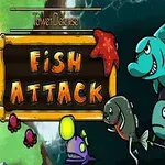 Tecknade havsdjur med olika uttryck omger en skylt som säger Fish Attack