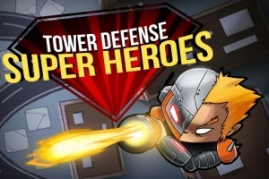 Tecknad superhjälte med blont hår och rustning avfyrar en stråle, med texten Tower Defense Super Heroes i bakgrunden