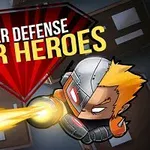 Tecknad superhjälte med blont hår och rustning avfyrar en stråle, med texten Tower Defense Super Heroes i bakgrunden
