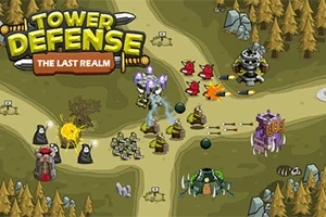 Tecknad karta med torn, robotar, träd och en väg, samt spelets titel Tower Defense: The Last Realm i det övre vänstra hörnet