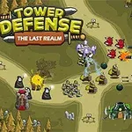 Tecknad karta med torn, robotar, träd och en väg, samt spelets titel Tower Defense: The Last Realm i det övre vänstra hörnet
