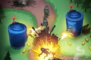 Tre zombies går längs en stig mellan två stora blå kanontorn medan det sker en explosion på vägen