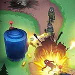 Tre zombies går längs en stig mellan två stora blå kanontorn medan det sker en explosion på vägen