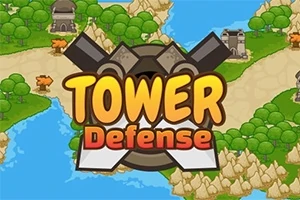Färgglad karta med floder och vägar omgiven av slott och skogar, med texten Tower Defense i mitten
