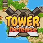 Färgglad karta med floder och vägar omgiven av slott och skogar, med texten Tower Defense i mitten