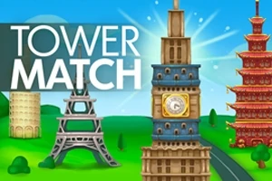 Tecknade torn från olika delar av världen med texten Tower Match mot en klarblå himmel och grönskande landskap
