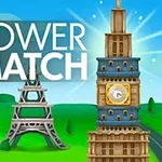 Tecknade torn från olika delar av världen med texten Tower Match mot en klarblå himmel och grönskande landskap