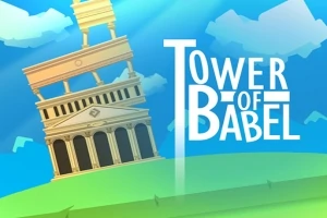 Lutande byggnad med kolonner på en grön kulle mot en blå himmel, med texten Tower of Babel