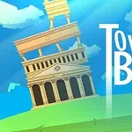 Lutande byggnad med kolonner på en grön kulle mot en blå himmel, med texten Tower of Babel