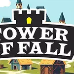 Texten Tower of Fall i en medeltida stil framför en färgglad, tecknad by med torn och hus