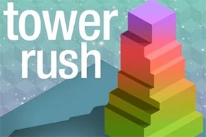 Flerfärgat, stegvis blocktorn mot en grön och blå bakgrund med texten tower rush till vänster