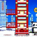 Pixelerad panda med bambu står bredvid ett högt, rött torn i en snöig stadsbild