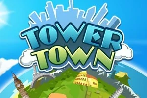 Illustration av en blå och grön jordglob med kända landmärken och texten Tower Town mot en blå bakgrund med silhuetten av en stad