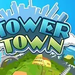 Illustration av en blå och grön jordglob med kända landmärken och texten Tower Town mot en blå bakgrund med silhuetten av en stad