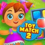 Tecknad flicka med stora ögon bredvid färgglada block med texten Toy Match 2