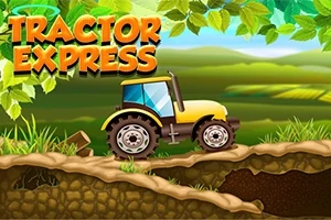 Gul traktor kör på en ojämn jordstig omgiven av grönska och lövverk