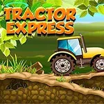 Gul traktor kör på en ojämn jordstig omgiven av grönska och lövverk