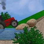 Röd traktor försöker korsa en flod vid en backe med stora stenar, med en väderkvarn och gröna kullar i bakgrunden