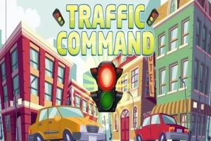 En tecknad stadsmiljö med en trafiksignal i centrum och bilar på gatan, med texten Traffic Command ovanför