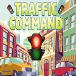 En tecknad stadsmiljö med en trafiksignal i centrum och bilar på gatan, med texten Traffic Command ovanför