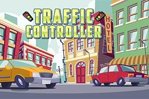 Tecknad gata med bilar, byggnader och en hotellskylt i bakgrunden, med texten Traffic Controller överst