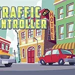 Tecknad gata med bilar, byggnader och en hotellskylt i bakgrunden, med texten Traffic Controller överst