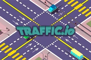 En grafisk illustration av en korsning med flera körfält och fordon, med texten TRAFFIC