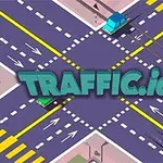 En grafisk illustration av en korsning med flera körfält och fordon, med texten TRAFFIC