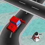 Ett rött fordon kör på en väg genom en snöscen bredvid en snögubbe