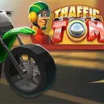 En grön motorcykel i rörelse framför en tecknad karaktär med hjälm, bredvid texten Traffic Tom