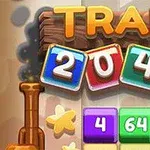 Färgglada block med siffrorna 2048 och ordet TRAIN ovanför, tillsammans med en tecknad tågpipa till vänster
