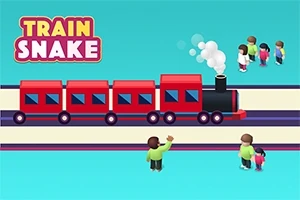 Ett rött leksakståg med fyra vagnar åker på ett blått spår medan tecknade människor står runt omkring